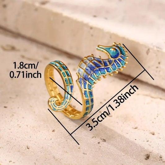 Elegant Gold Plated Stainless Steel Seahorse Ring Blue