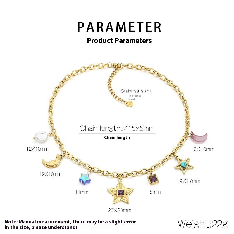 Fashion Personality Star Moon Color Artificial Glass Pearl Stainless Steel Necklace