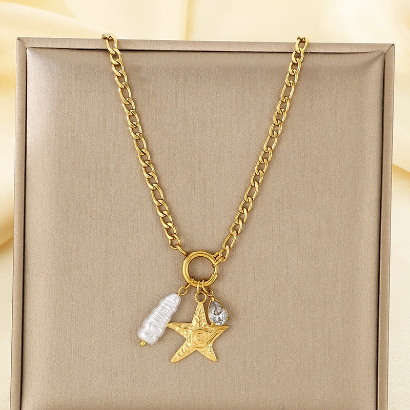 Fashion Personality Star Moon Color Artificial Glass Pearl Stainless Steel Necklace