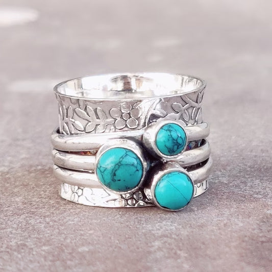 Vintage Bohemian Three-eye Turquoise Hammered Ring