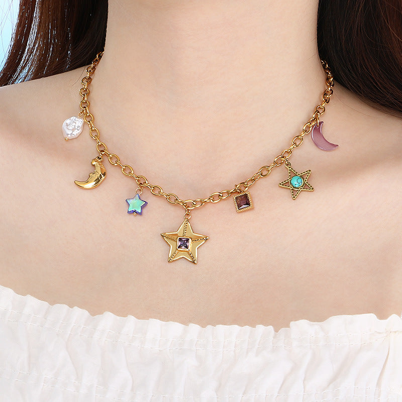 Fashion Personality Star Moon Color Artificial Glass Pearl Stainless Steel Necklace