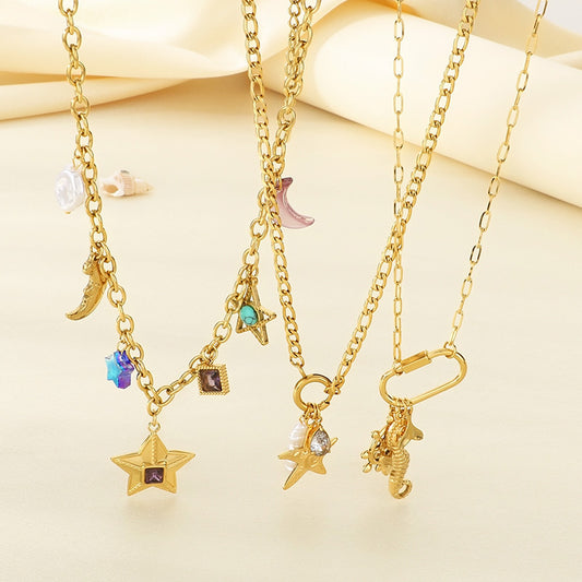 Fashion Personality Star Moon Color Artificial Glass Pearl Stainless Steel Necklace