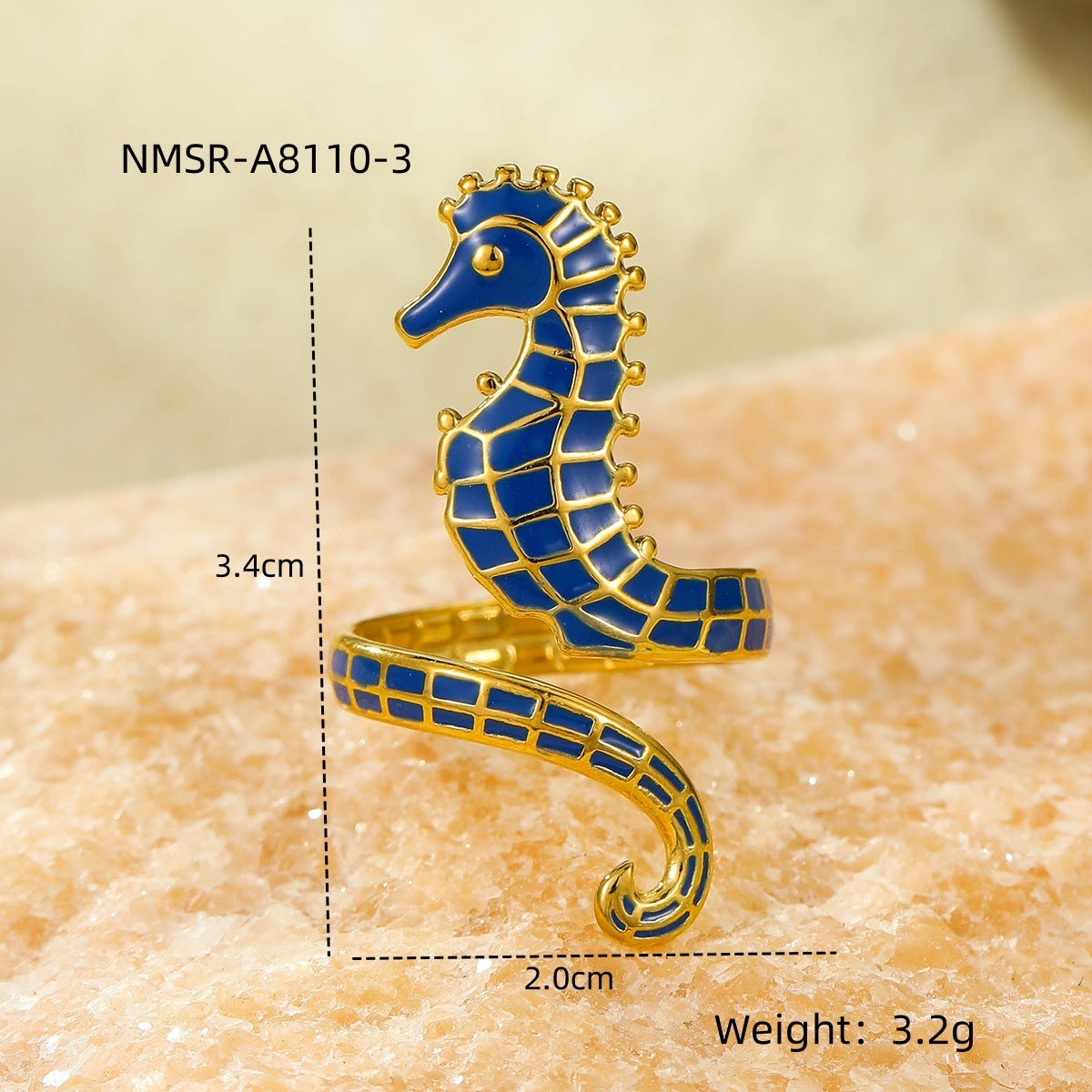 Elegant Gold Plated Stainless Steel Seahorse Ring Blue