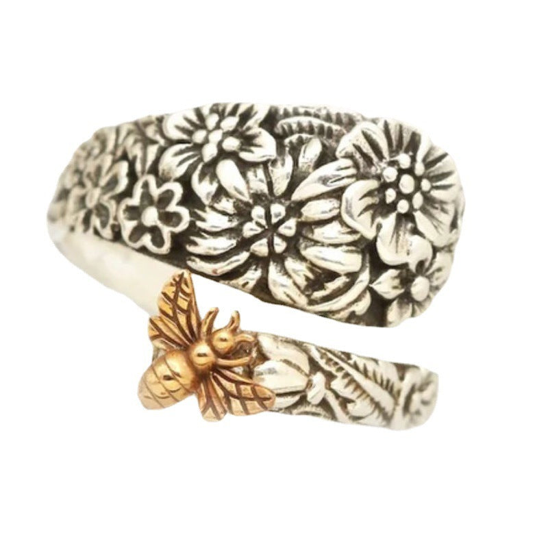 Ancient Flower Rose Gold Bee Ancient Silver Open Ring