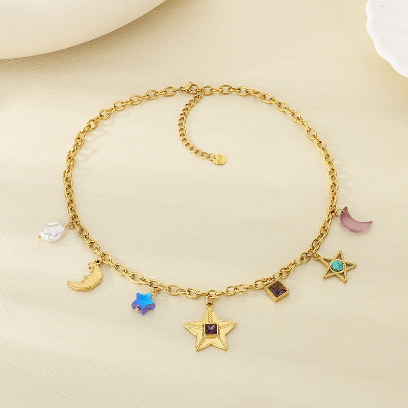 Fashion Personality Star Moon Color Artificial Glass Pearl Stainless Steel Necklace