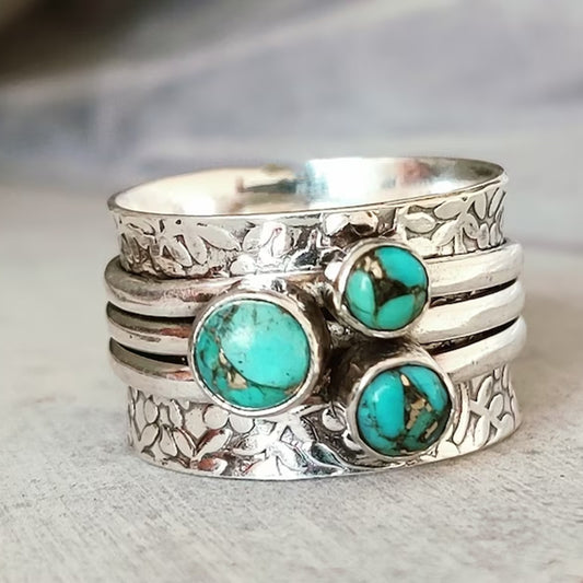 Vintage Bohemian Three-eye Turquoise Hammered Ring