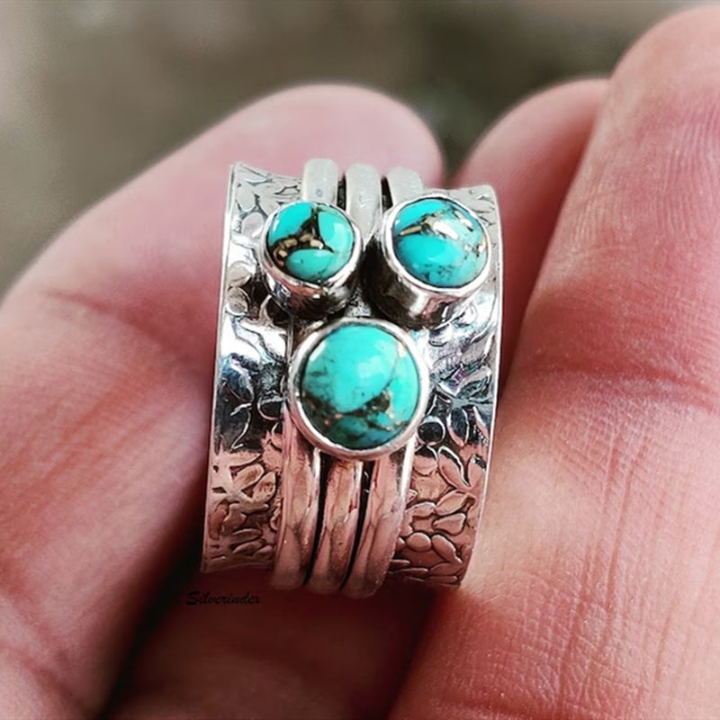 Vintage Bohemian Three-eye Turquoise Hammered Ring