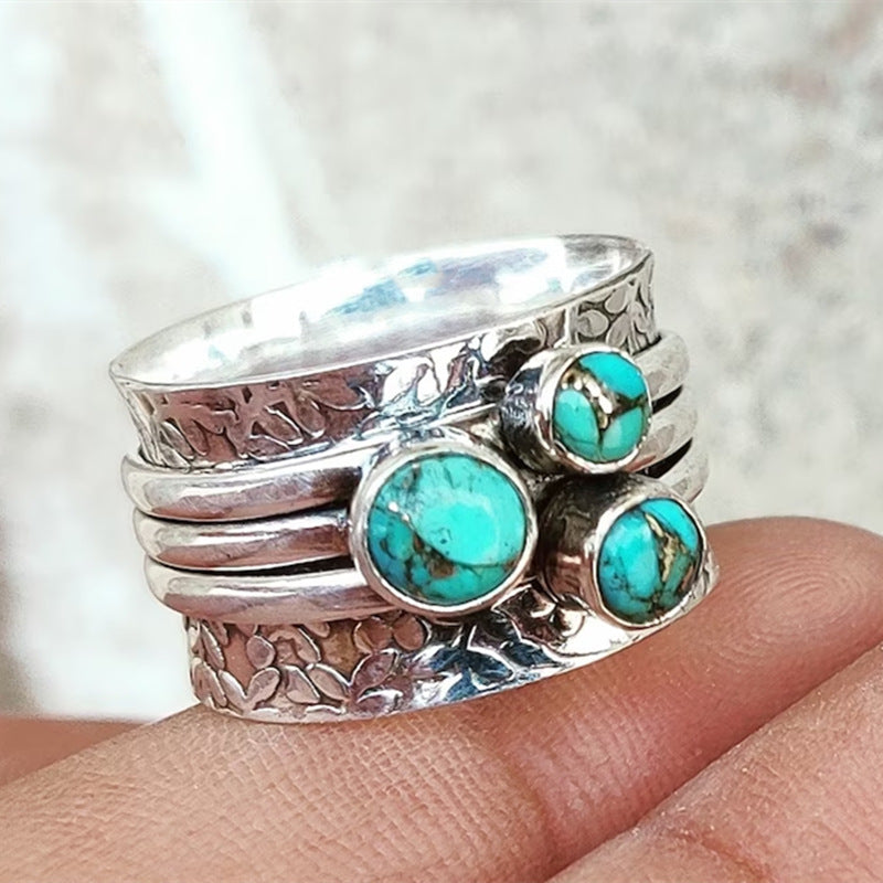 Vintage Bohemian Three-eye Turquoise Hammered Ring