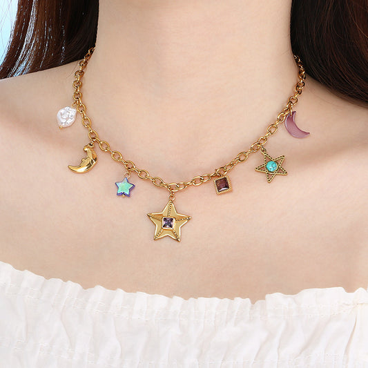 Fashion Personality Star Moon Color Artificial Glass Pearl Stainless Steel Necklace