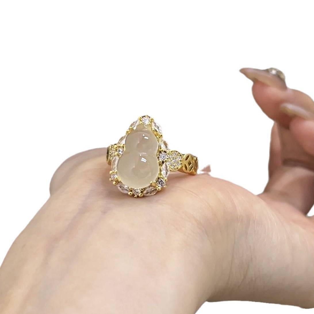 French Style Retro Affordable Luxury Money Water-foam Jade Gourd Ring