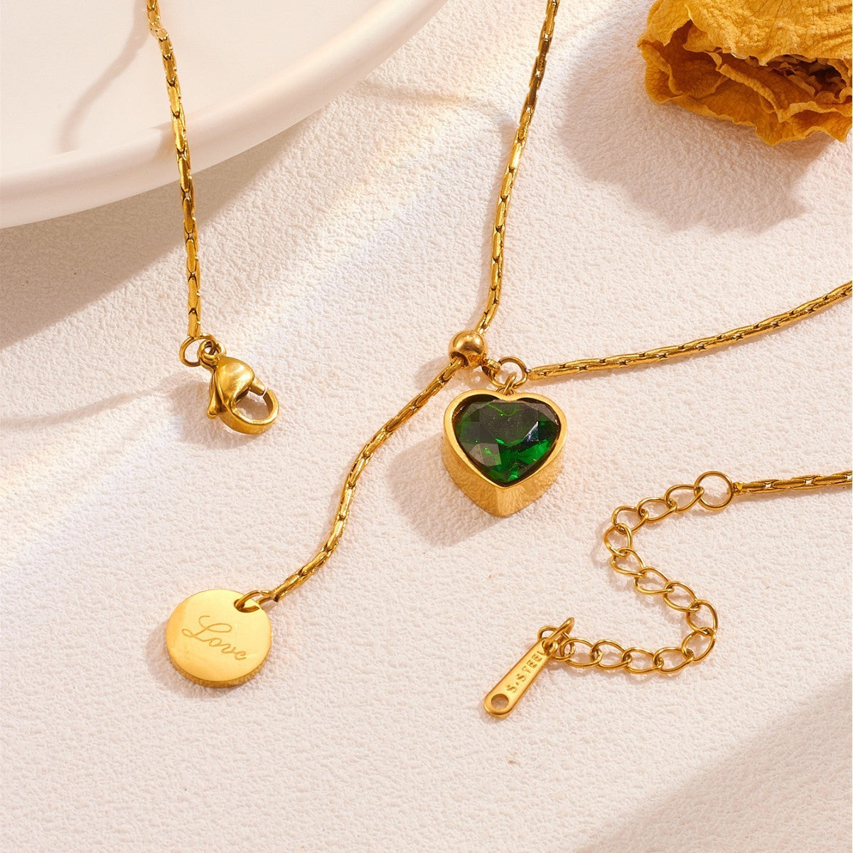 Emerald Diamond Love Titanium Steel Necklace Female Light Luxury Minority