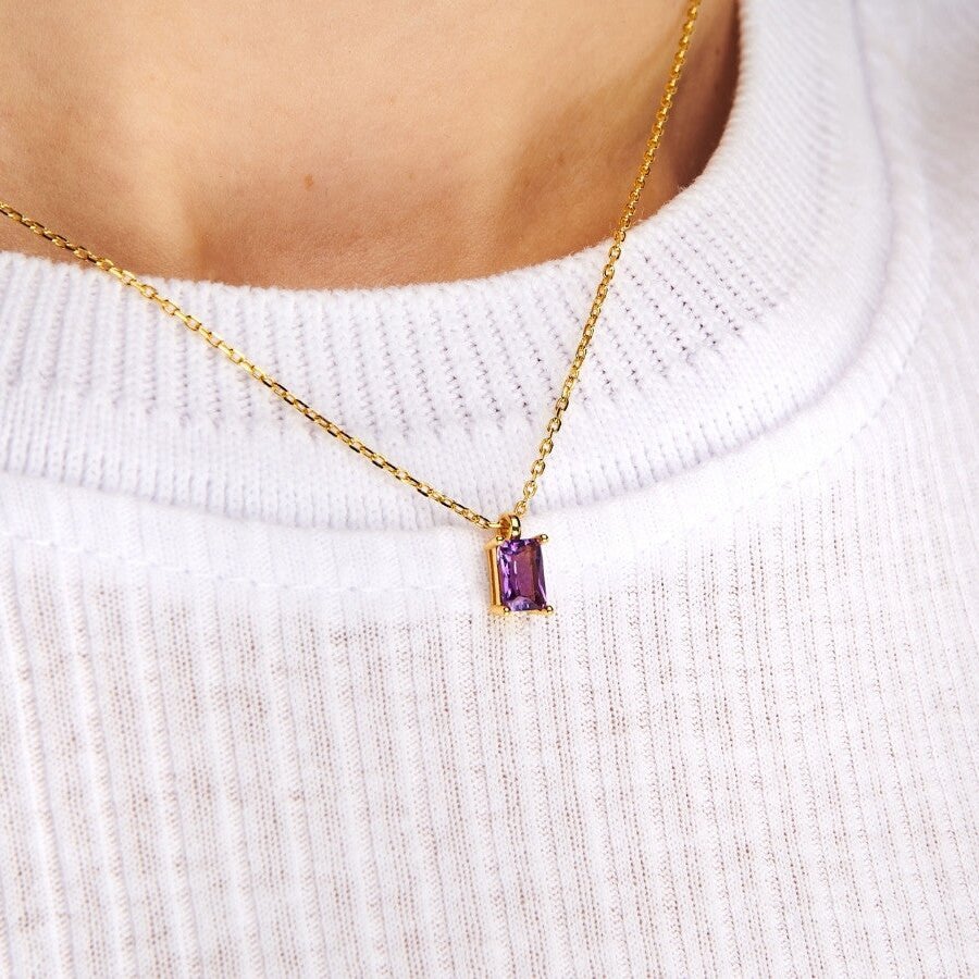 Rectangular 12month Birthday Stone Pendant Colorful Zircon Clavicle Chain