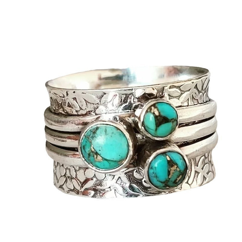 Vintage Bohemian Three-eye Turquoise Hammered Ring
