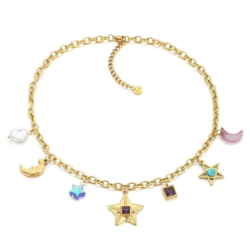 Fashion Personality Star Moon Color Artificial Glass Pearl Stainless Steel Necklace